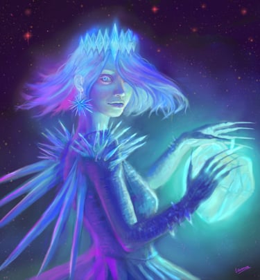 Digital painting of a glowing ice queen wearing a crystalline crown and holding a radiant blue orb.