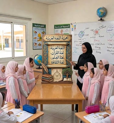 مجسم فلين تعليمي فاخر يعرض أهمية اللغة العربية في بيئة مدرسية