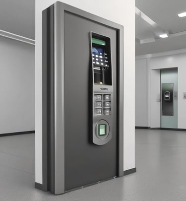 A white security camera is placed on a windowsill, alongside a small decorative plant in a geometric-patterned pot. The window provides a view of green foliage outside, suggesting a natural setting. The area appears to be inside a house, and the grey tones create a modern vibe.