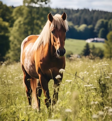 cheval dans une verte pâture