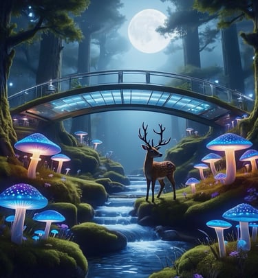 a deer standing in a forest with mushrooms and mushrooms