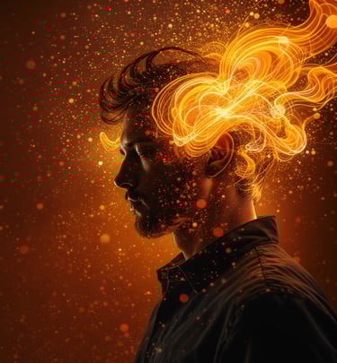 a man with focus and hair on fire