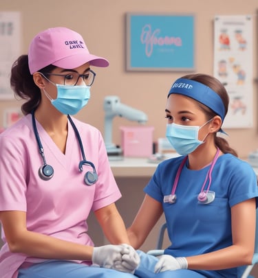 A healthcare professional dressed in blue , a cap, and a mask is seated next to a person wearing a pink shirt with cartoon characters on the back. They are in what appears to be a clinical setting