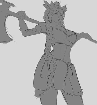 a woman in a dress and a hat with a large axe