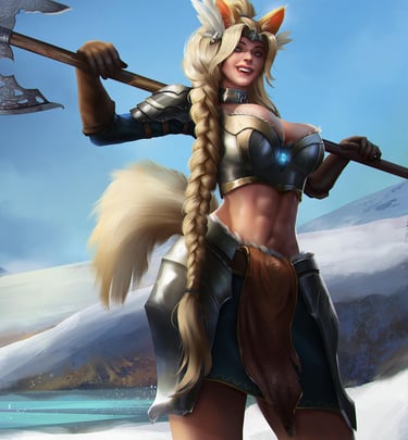 a woman in a furry hat and a sword