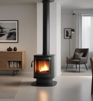 Poêle à bois moderne avec un conduit noir, placé au centre d'une pièce lumineuse et épurée.