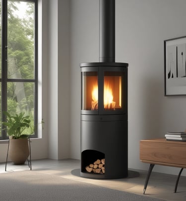 Poêle à bois cylindrique et moderne, avec une porte vitrée laissant apparaître des flammes vives.