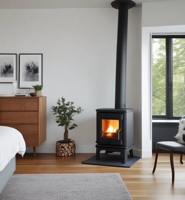 Un poêle à bois traditionnel avec un feu visible à travers la porte vitrée.