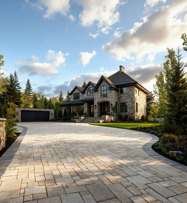 a long brick paver driveway with earthy colors and dark border