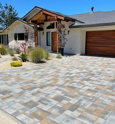 a driveway with random color pavers and a desert plant landscape