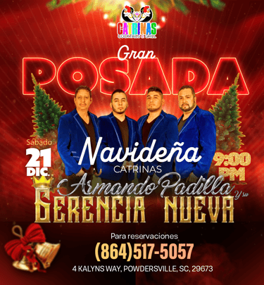 Flyer promocional de la Posada Navideña en Catrinas Cocktails & Grill en Powdersville, SC