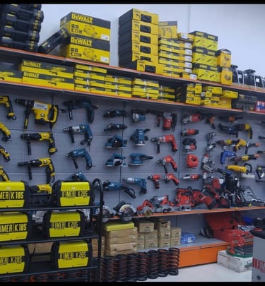 a bunch of tools on display in a store