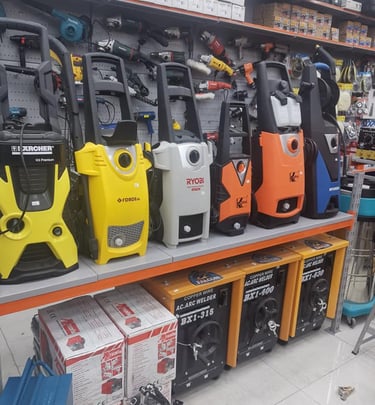 a variety of different types of power tools in a store
