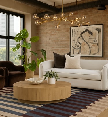 a modern traditional living room with a couch and a table and brick wall