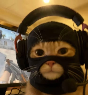 a cat in a balaclava headphones in front of a computer monitor playing Counter Strike
