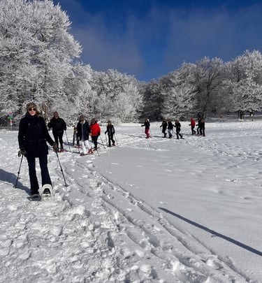 groupe de radonneurs en raquettes à neige décors hivernal aux 3 fours famille 