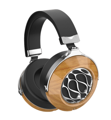 a pair of headphones with a wooden headphone
