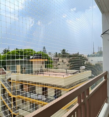 Completed pigeon net installation on a residential balcony with a view of the Chennai skyline