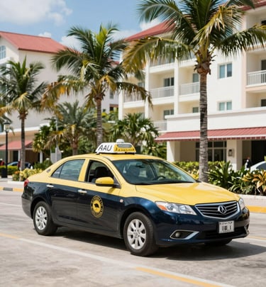 A driver greeting happy travelers next to a modern vehicle under a bright blue sky