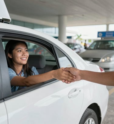 A sleek turquoise shuttle van parked by a palm-lined beach at sunset