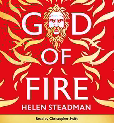 A bearded Greek god emerges from golden flames against a scarlet backdrop