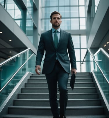 a man in a suit and tie walking down stairs