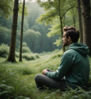 a man sitting on the ground in a forest
