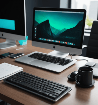 a desk with a computer monitor, keyboard, and a cup of coffee