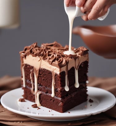 A variety of baked goods are displayed in a glass case. There are round cakes topped with cocoa powder, crescent-shaped pastries with a glazed finish, and other assorted baked treats. Small black signs with white text indicate the names and prices of the items, written in a foreign language.
