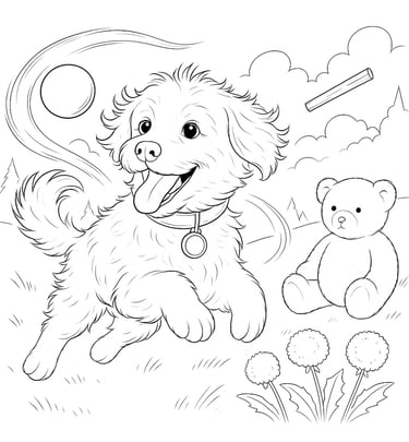 a dog coloring page with a dog and a teddy bear
