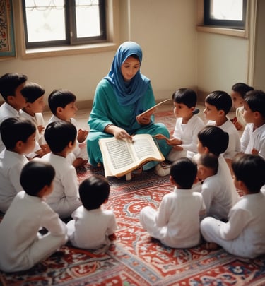 A group of women engaged in an online Quran class with a lady instructor.