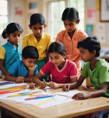 Three children are gathered around a table, intently focused on a colorful activity involving thin, colored sticks. The children appear to be in a classroom or home setting, with kitchen items and writing on a whiteboard visible in the background.