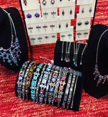 a display of jewelry and jewelry on display