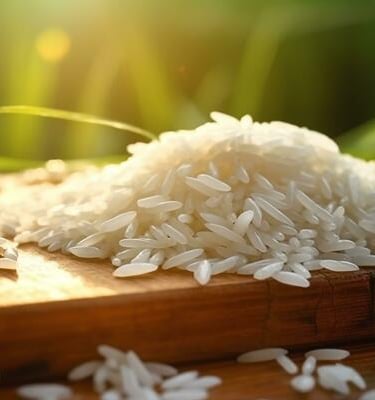 steamed white rice served on a wooden plate with soft lighting 