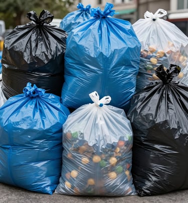 Brightly colored plastic bags arranged to show different thickness and durability options