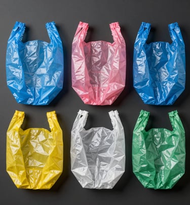 Stack of neatly rolled plastic bags ready for shipment with a blue and red color theme