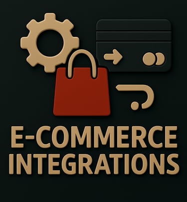 3D icons of a shopping bag, gear, credit card, and integration arrow above the words "E-Commerce Int