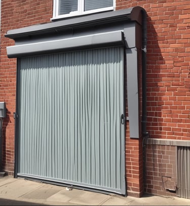 Two closed industrial roller shutter doors are mounted on a weathered, corrugated metal building. A notice sign is attached to the wall between the doors. The area shows signs of rust and aging, particularly on the lower part of the structure. The shadows cast indicate bright sunlight.