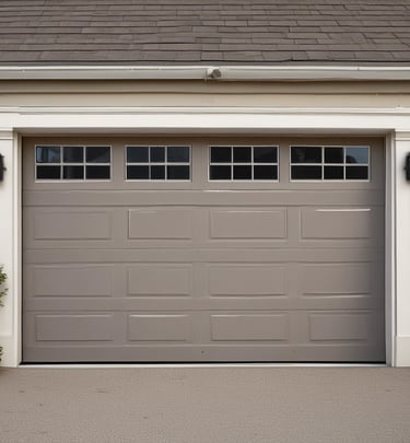 Two closed industrial roller shutter doors are mounted on a weathered, corrugated metal building. A notice sign is attached to the wall between the doors. The area shows signs of rust and aging, particularly on the lower part of the structure. The shadows cast indicate bright sunlight.