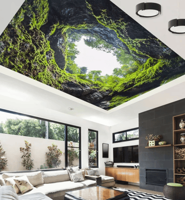 Spanndecke mit Natur-Motiv im Wohnzimmer