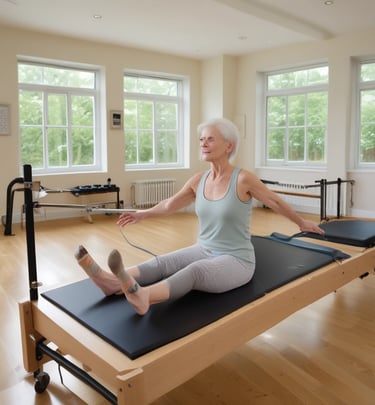 A person is performing a balance exercise in a gym setting. They are dressed in athletic wear, standing on a Bosu ball while holding a weight plate. The environment includes gym equipment and motivational wall text.
