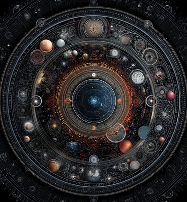 a circular object with a clock and planets