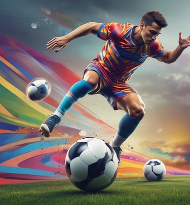un joueur de football, joue au ballon avec la jambe, et en arrière de lui un design multicolores, l'