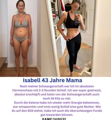 Vorher-Nachher-Foto einer 43-jährigen Mutter, die mit exogenen Ketonen 16 kg abgenommen hat.