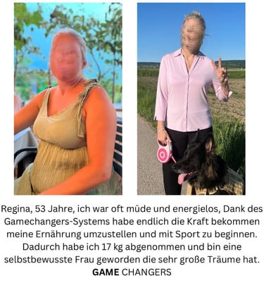 Vorher-Nachher-Foto einer 53-jährigen Frau namens Regina, die mit Hilfe des Gamechangers-Systems 17 