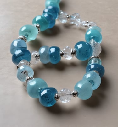 An array of vibrant, colorful decorative beads and charms hang in multiple strands. These include a variety of shapes, such as circular beads, tassels, and ornate ornaments like hamsa hand keychains. The objects are artfully arranged against a wooden backdrop, creating a rich texture with the intricate details of each piece.