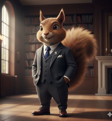 a squirrel dressed in a suit and tie, standing in a room with a fireplace
