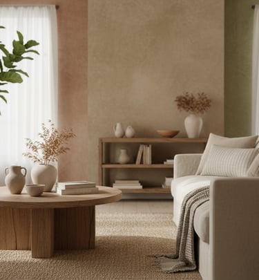 a living room with a couch and a table