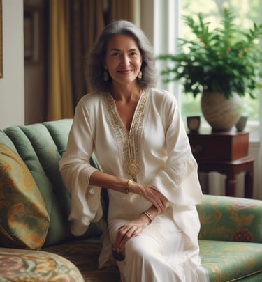 A woman confidently dressed in a tailored outfit, smiling warmly in a bright, stylish room.