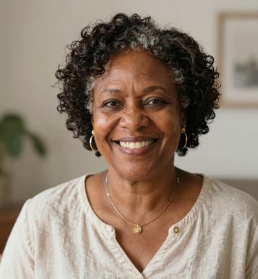 A joyful woman in her 40s smiling confidently during a coaching session outdoors.